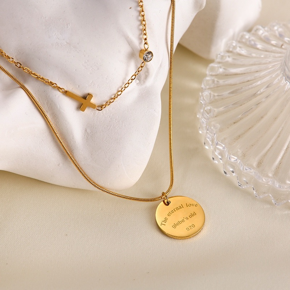 18K Gold Plated Double Layered Necklace*Stackable Cross Necklace*Round PendantLW - Picture 3 of 8